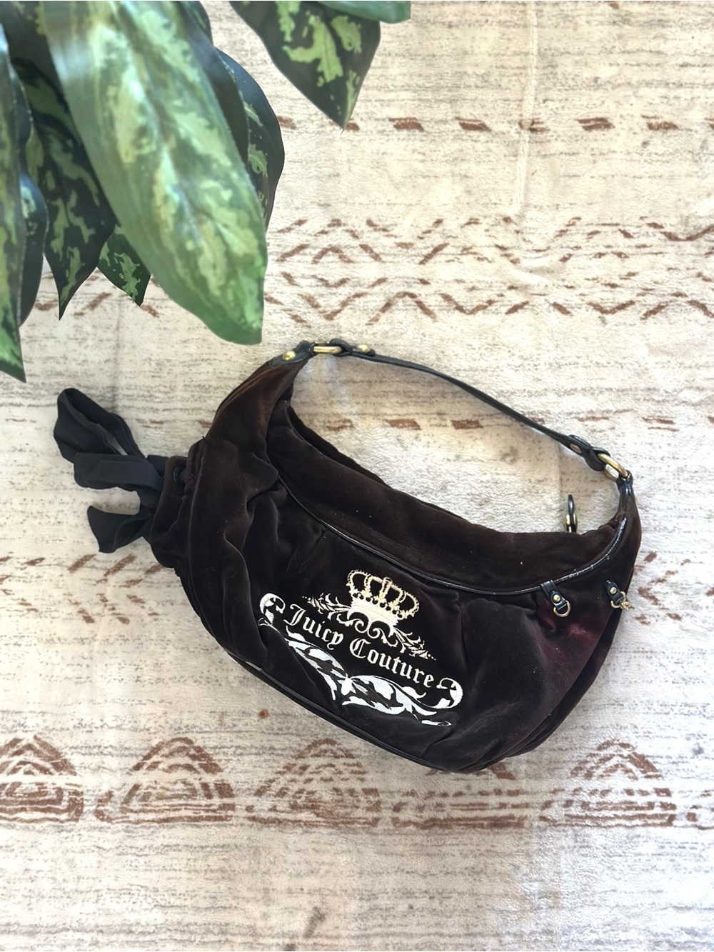 Juicy Couture Brown Velvet Logo Hobo with Embroidered Crest